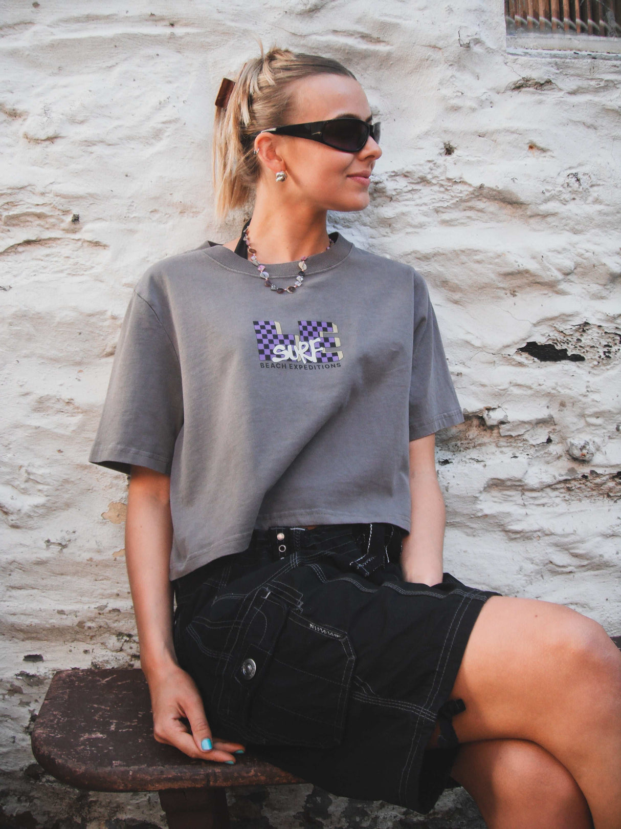 LE TV Checked |  Women's Faded Grey Crop T-shirt