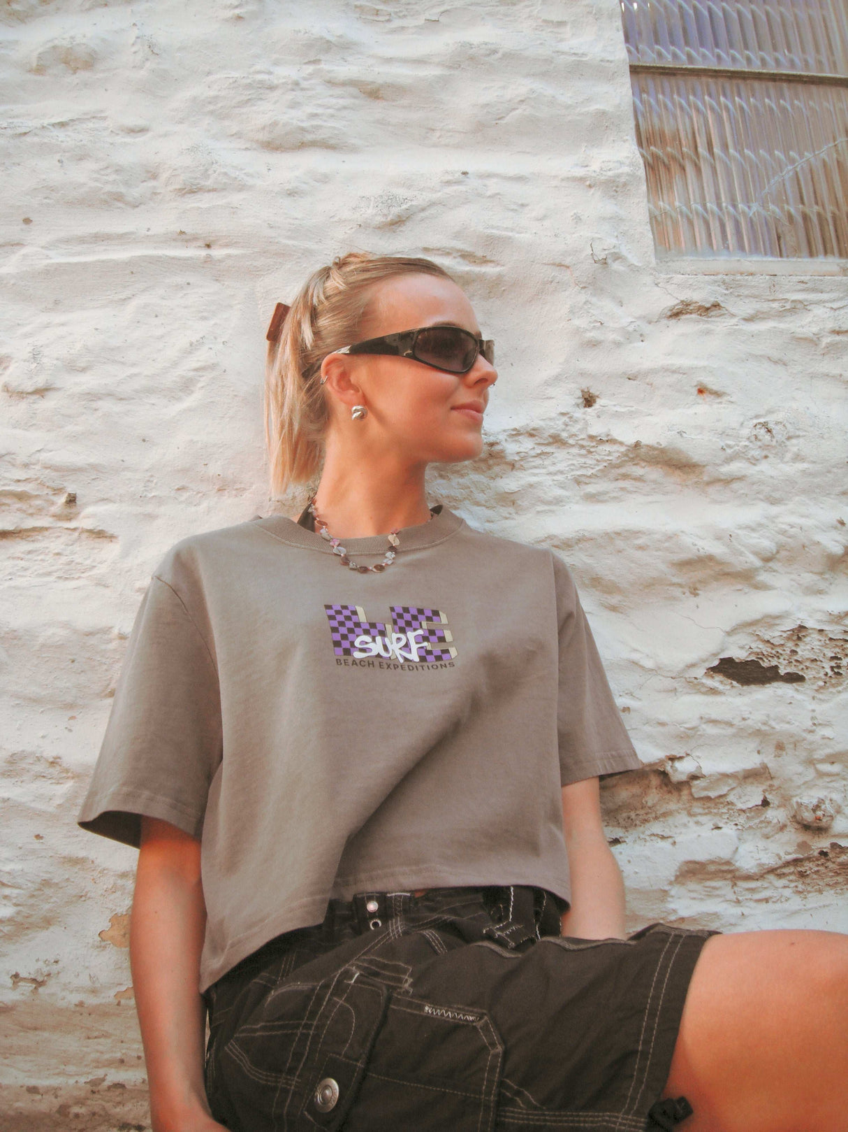 LE TV Checked |  Women's Faded Grey Crop T-shirt