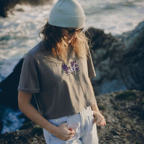 LE TV Checked |  Women's Faded Grey Crop T-shirt