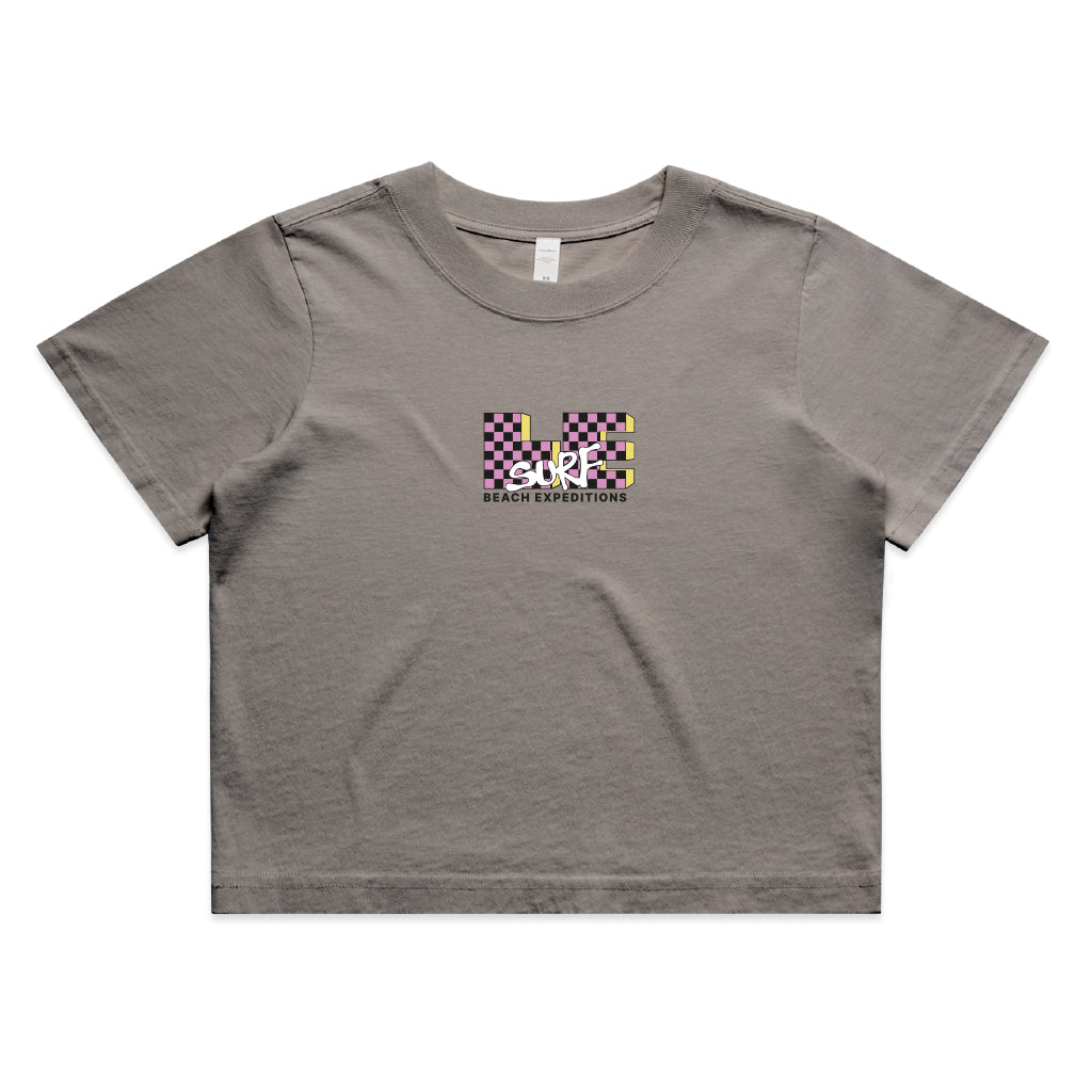 LE TV Checked |  Women's Faded Grey Crop T-shirt