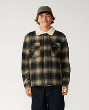 Plaid sherpa-collar snap jacket with chest pockets, dark olive and gold.