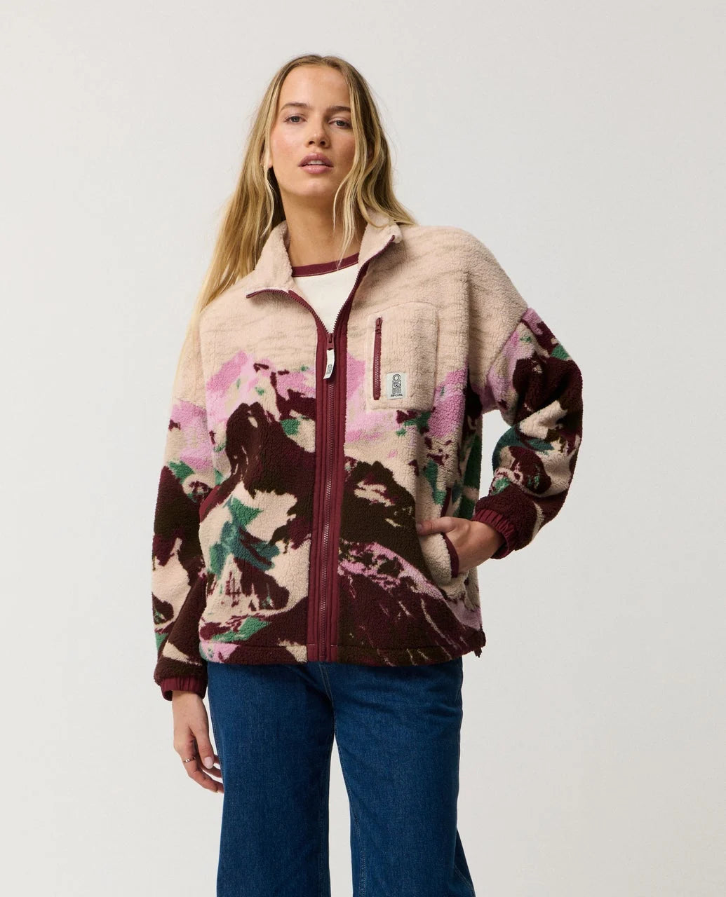 Polar fleece zip-through jacket with plum camo print, borg-lined collar and full zip