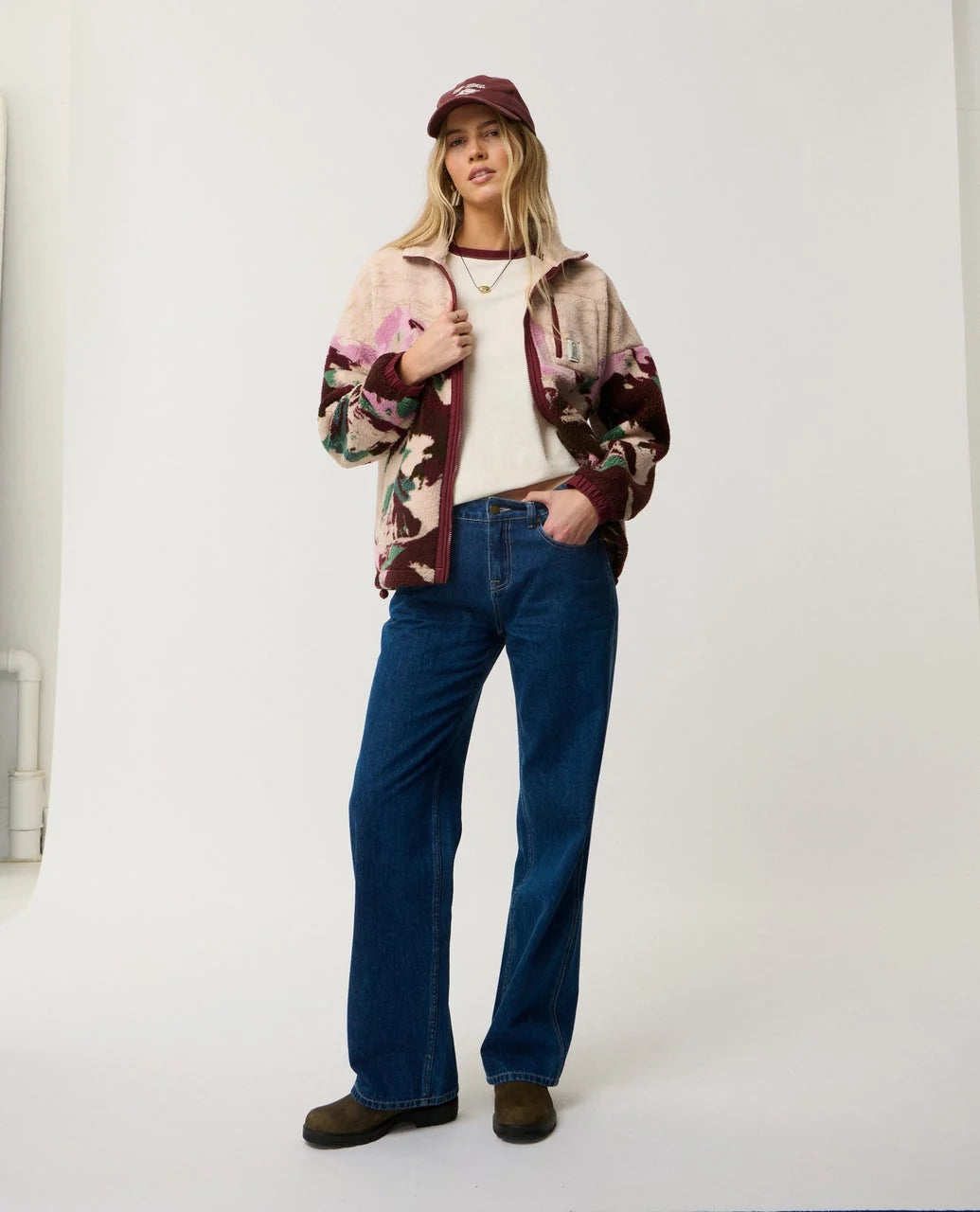 Polar fleece zip-through jacket in plum camo print with long sleeves and hand pockets