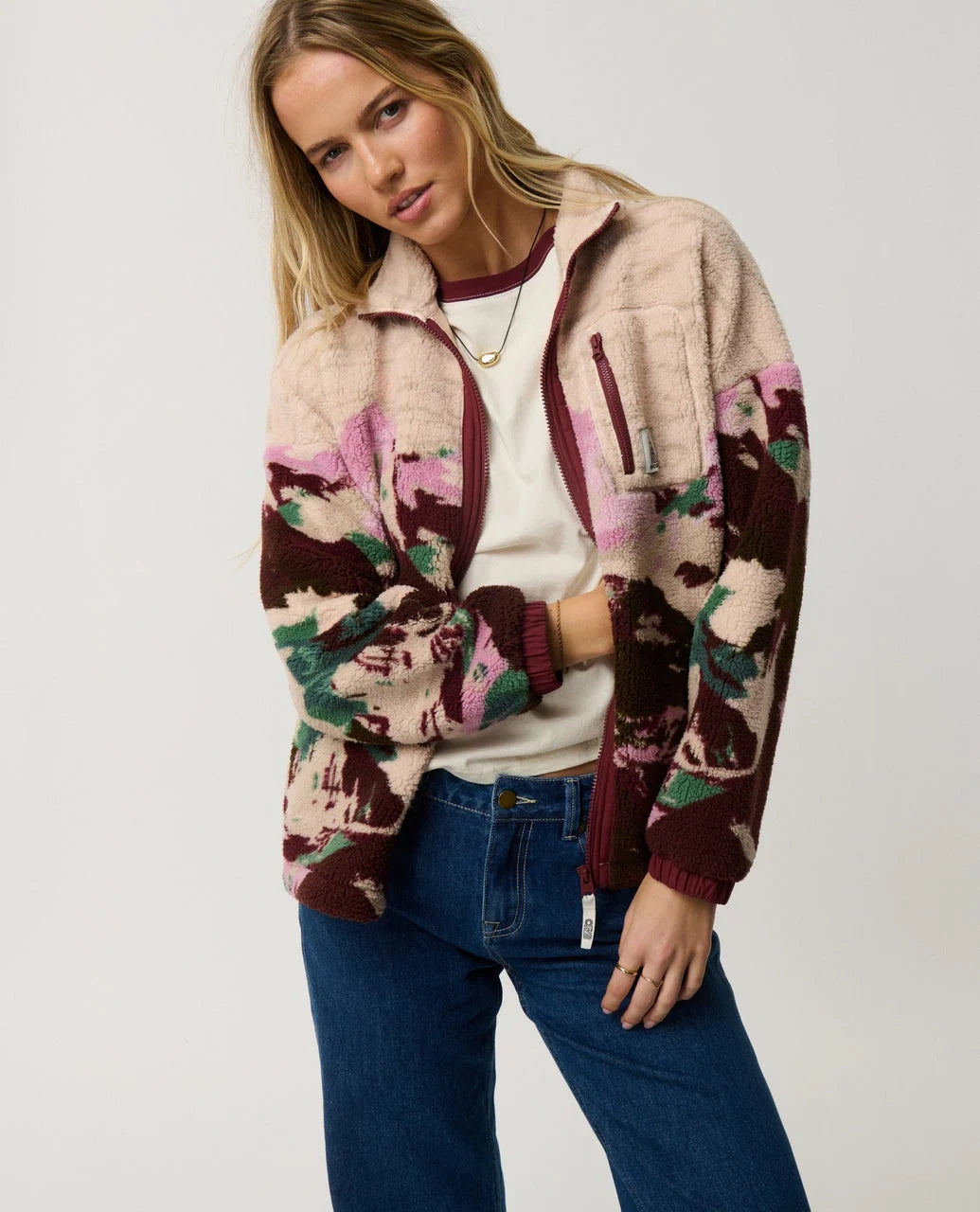 Polar fleece zip-through jacket with borg collar, full front zip and plum camo sleeves