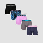 Volcom performance boxer briefs 5-pack: black, blue pattern, purple, gray, navy