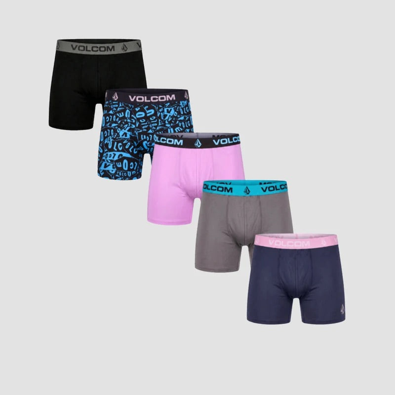 Volcom performance boxer briefs 5-pack: black, blue pattern, purple, gray, navy