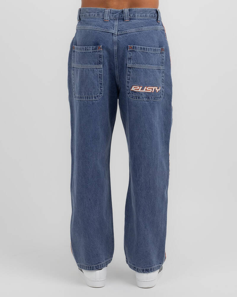 Men's mid-wash blue jeans with back logo patch, relaxed straight-leg fit
