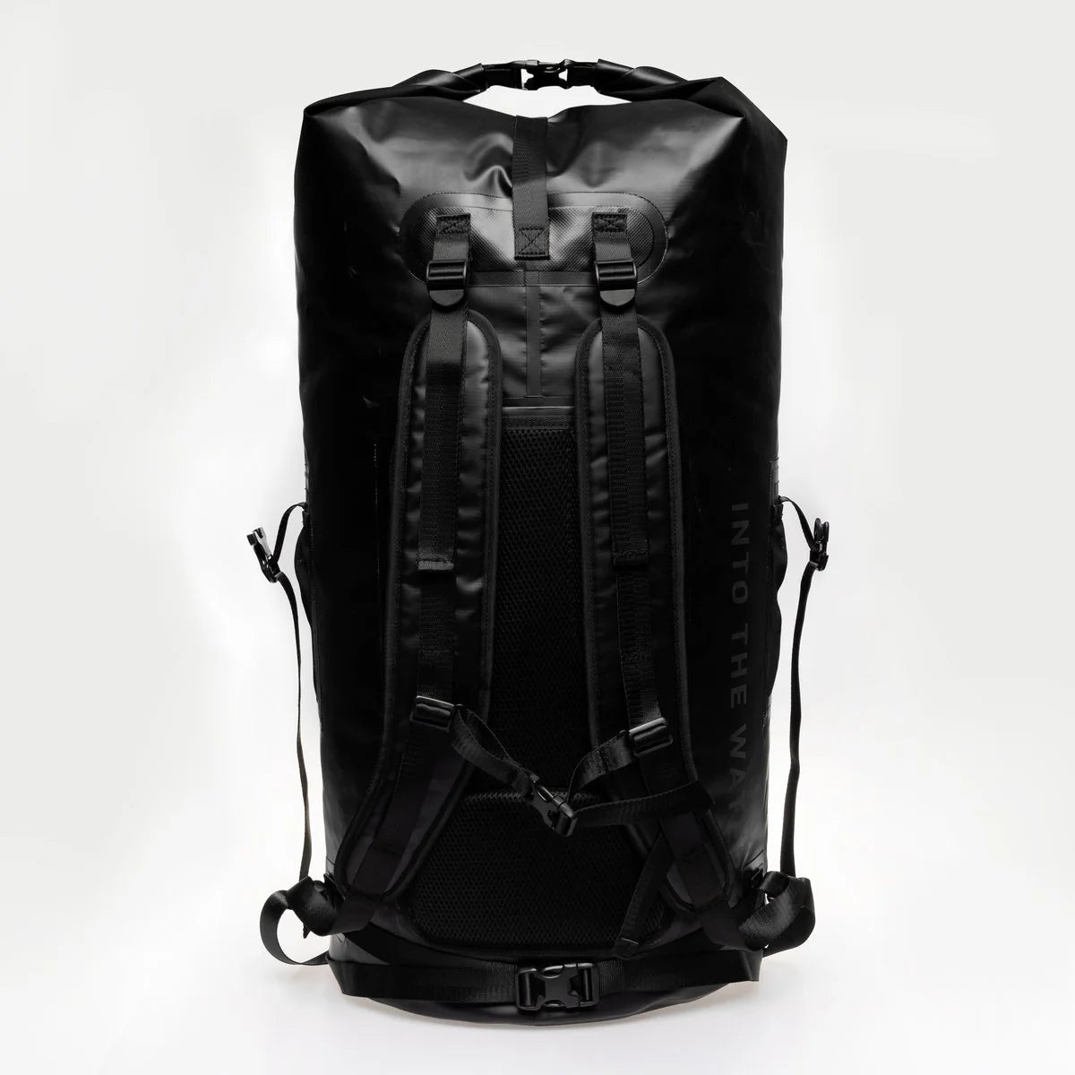 Black waterproof dry bag with adjustable shoulder harness and buckle straps