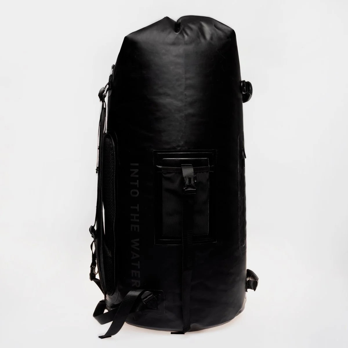 Black waterproof dry bag with roll-top closure and side carry straps