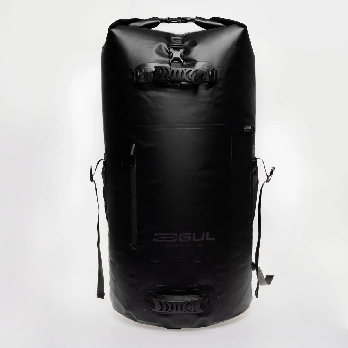 Black waterproof dry bag with roll-top closure and Gul logo patch