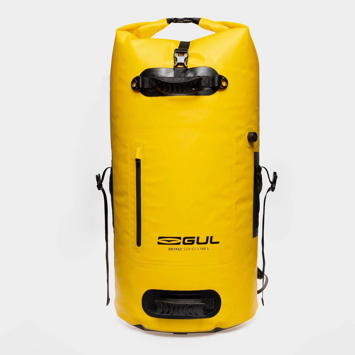 Yellow 100L roll-top drybag with side pocket and carry handle