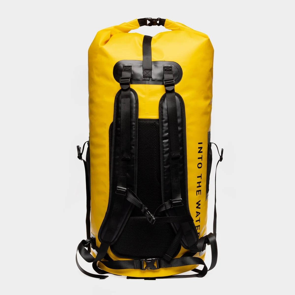 Yellow 100L drybag with back harness straps and black webbing