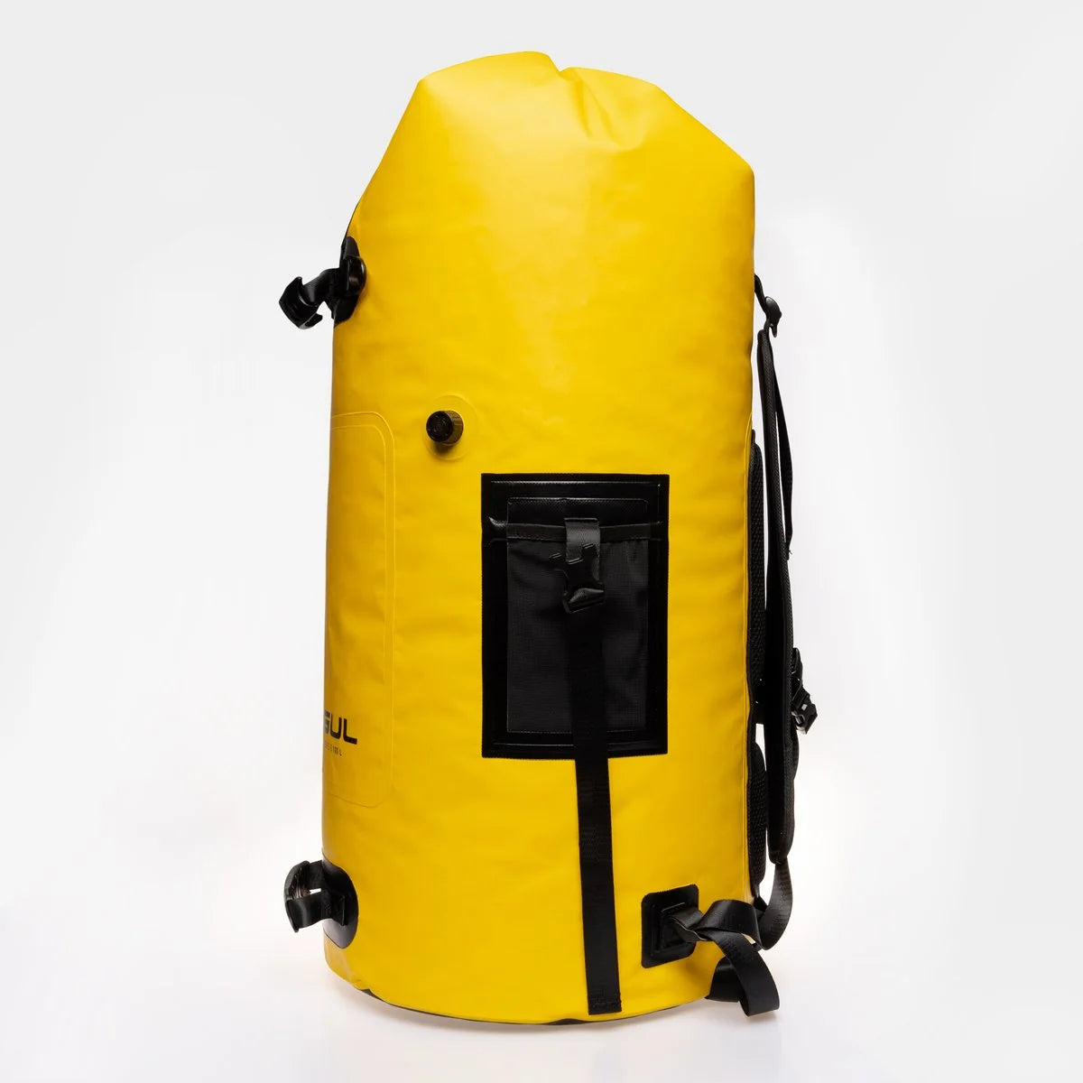 Yellow 100L roll-top drybag with shoulder straps and side hook loops