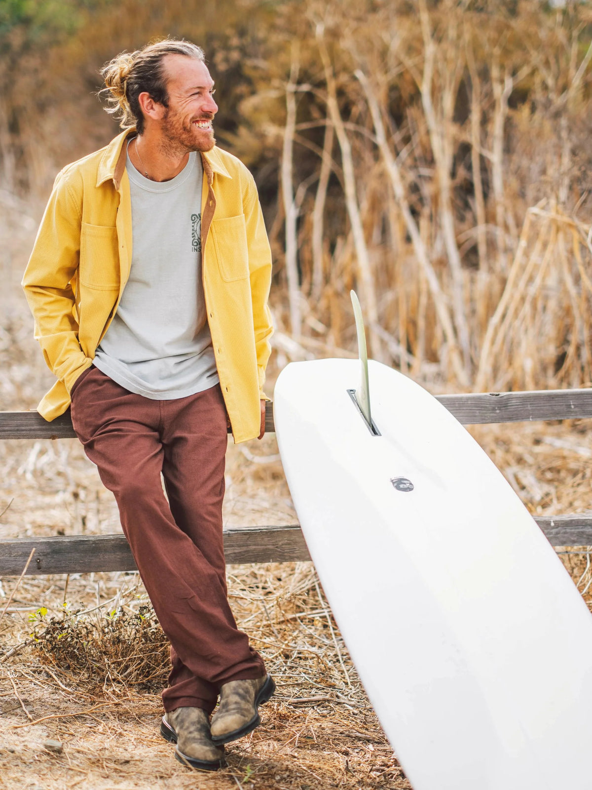 Leaf yellow shirt jacket with button front, pointed collar, and long sleeves