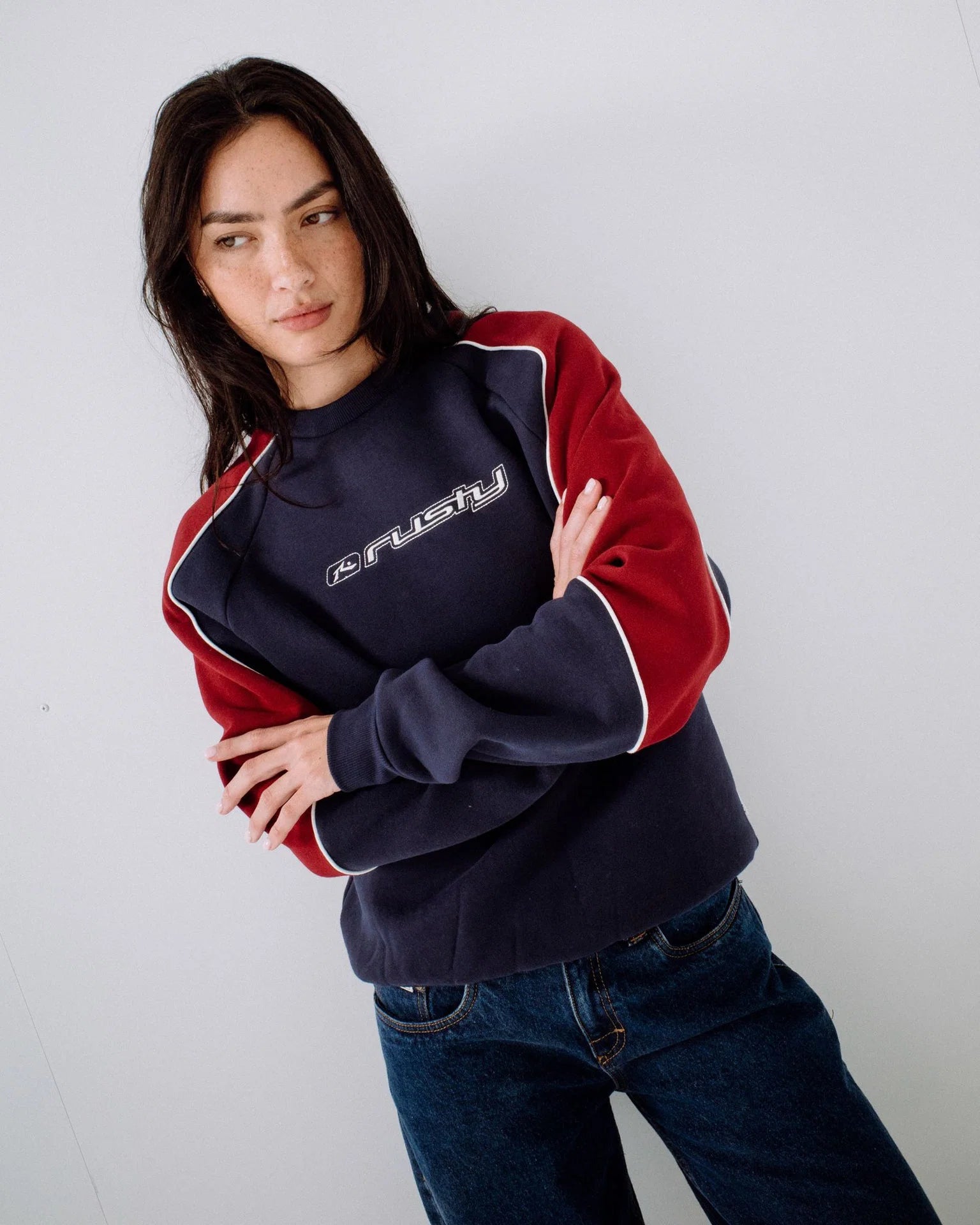 Rusty - South of the River Oversize Crew Fleece | Navy/Red