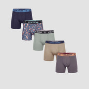 Five-pack performance boxer briefs shown in navy, patterned blue, sage, tan and mauve