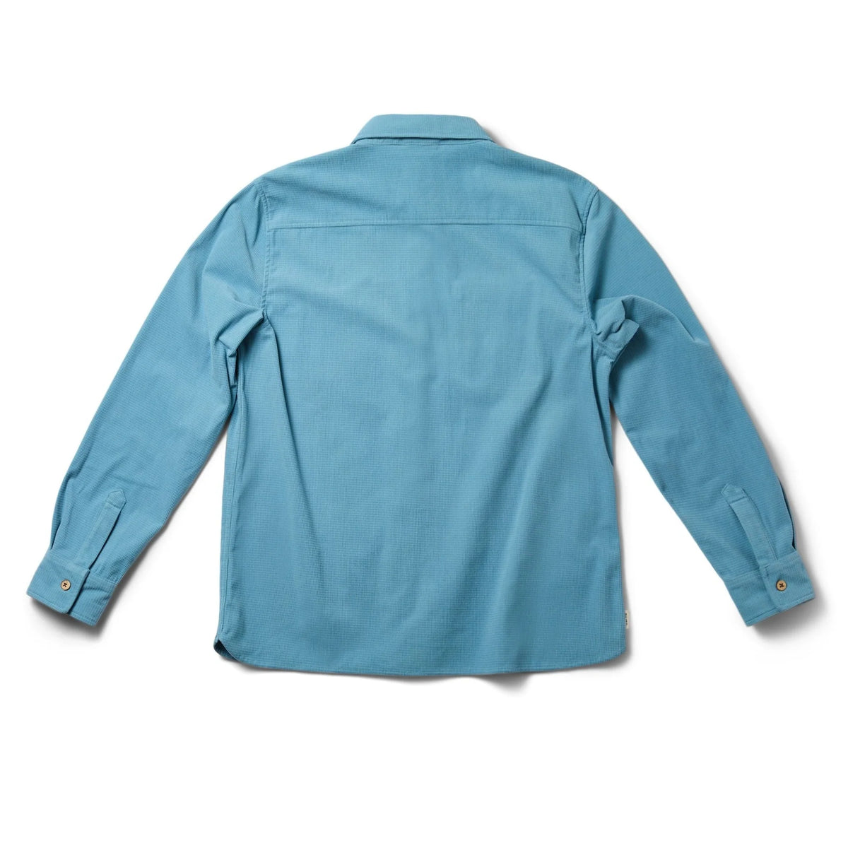 Slate blue shirt jacket with button front, spread collar, and two chest pockets