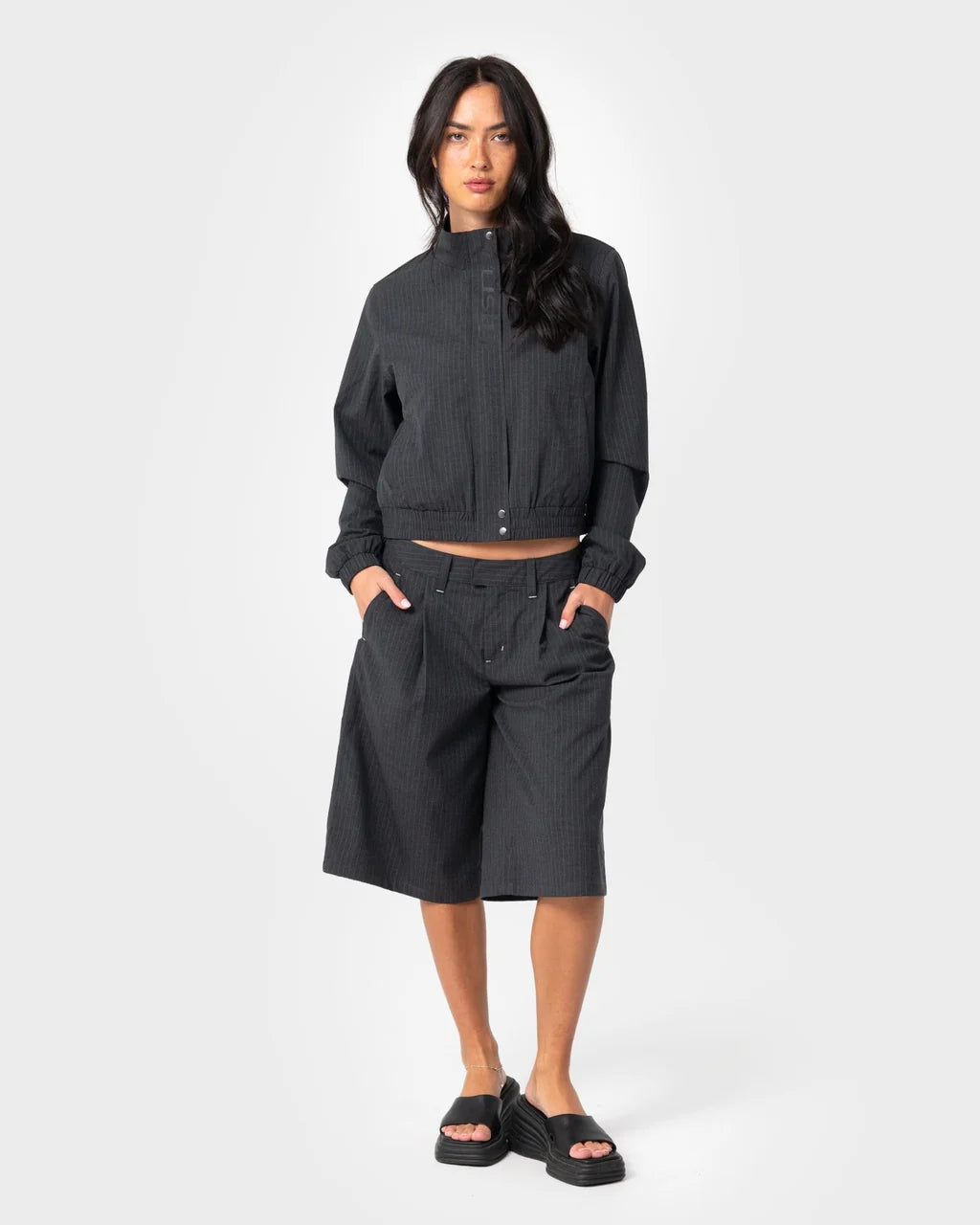 Rusty - Road Rage Hardstyle Funnel Neck Jacket | Coal Pinstripe