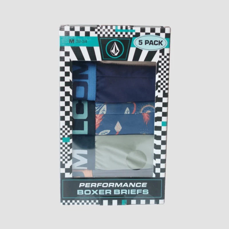 Performance boxer briefs 5-pack, navy, blue, gray and patterned prints in retail box