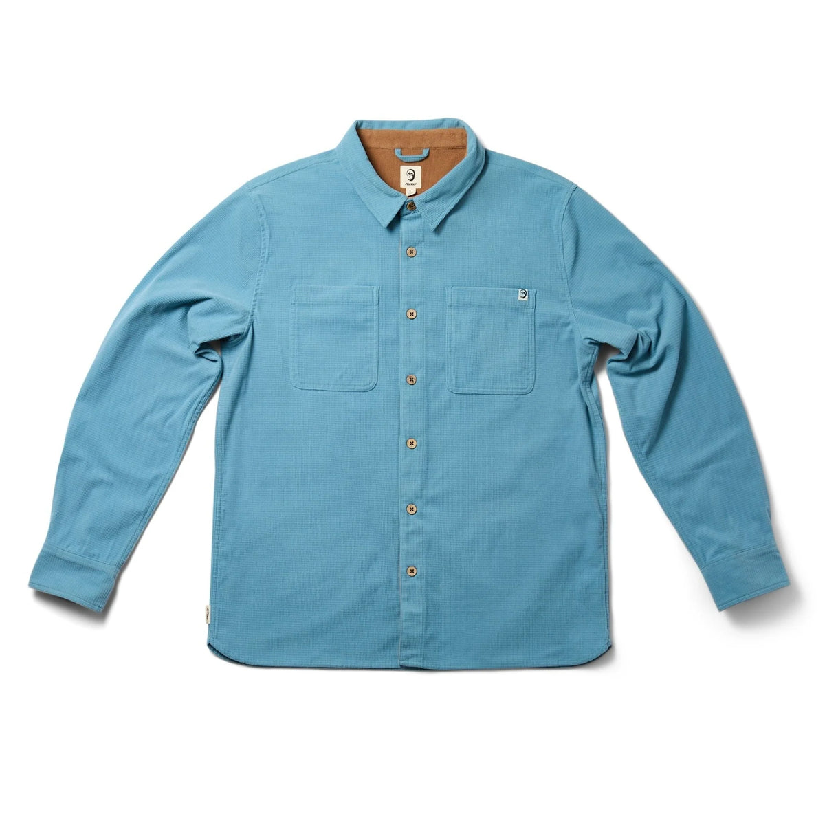 Slate blue button-up shirt jacket with two chest pockets and logo tag