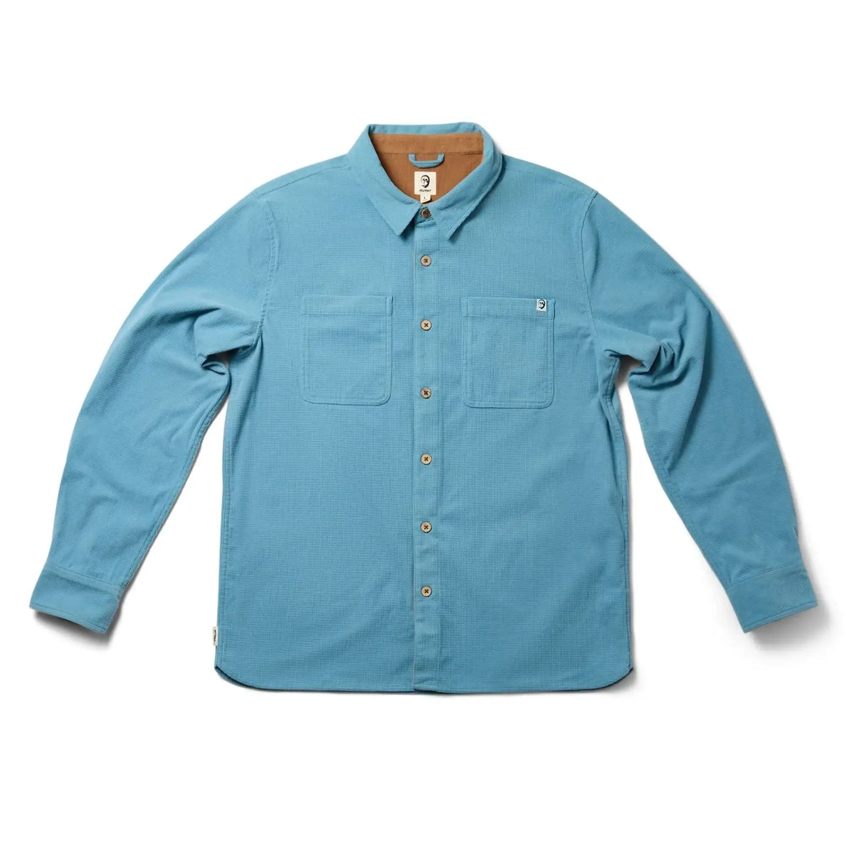 Slate blue button-up shirt jacket with two chest pockets and logo tag