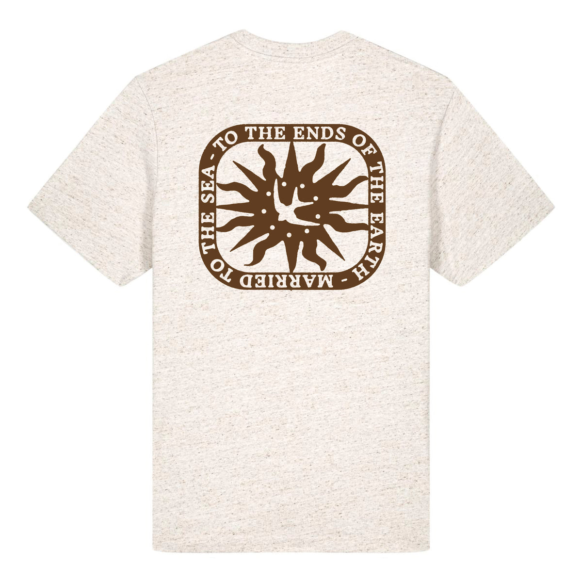 Heather beige crewneck T-shirt with large circular back logo graphic