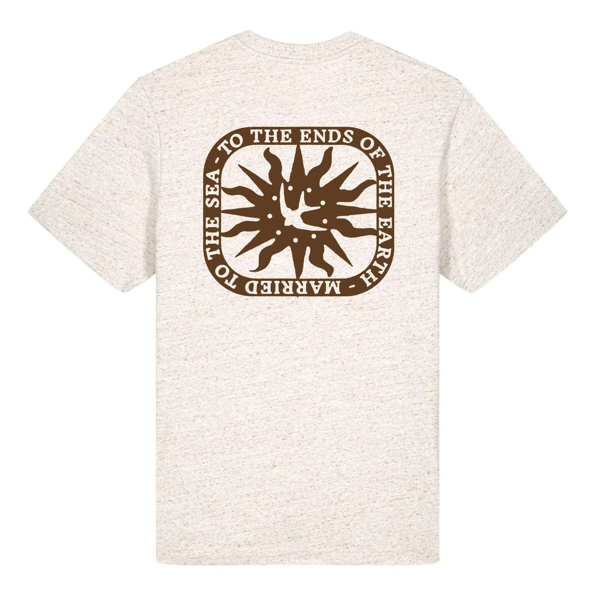 Heather beige crewneck T-shirt with large circular back logo graphic