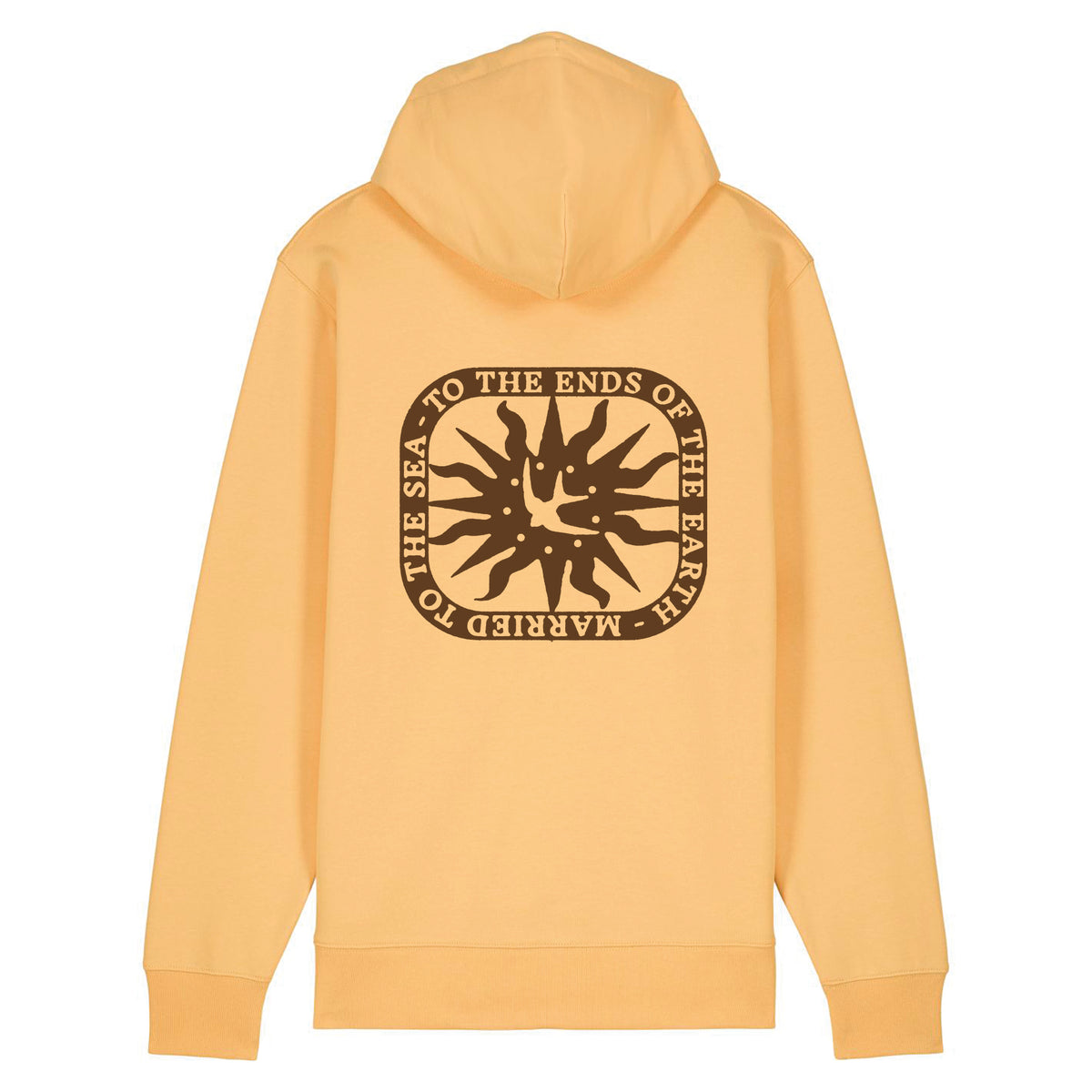 Zip-up hoodie, peach knit, hood with drawstrings, large circular back logo graphic