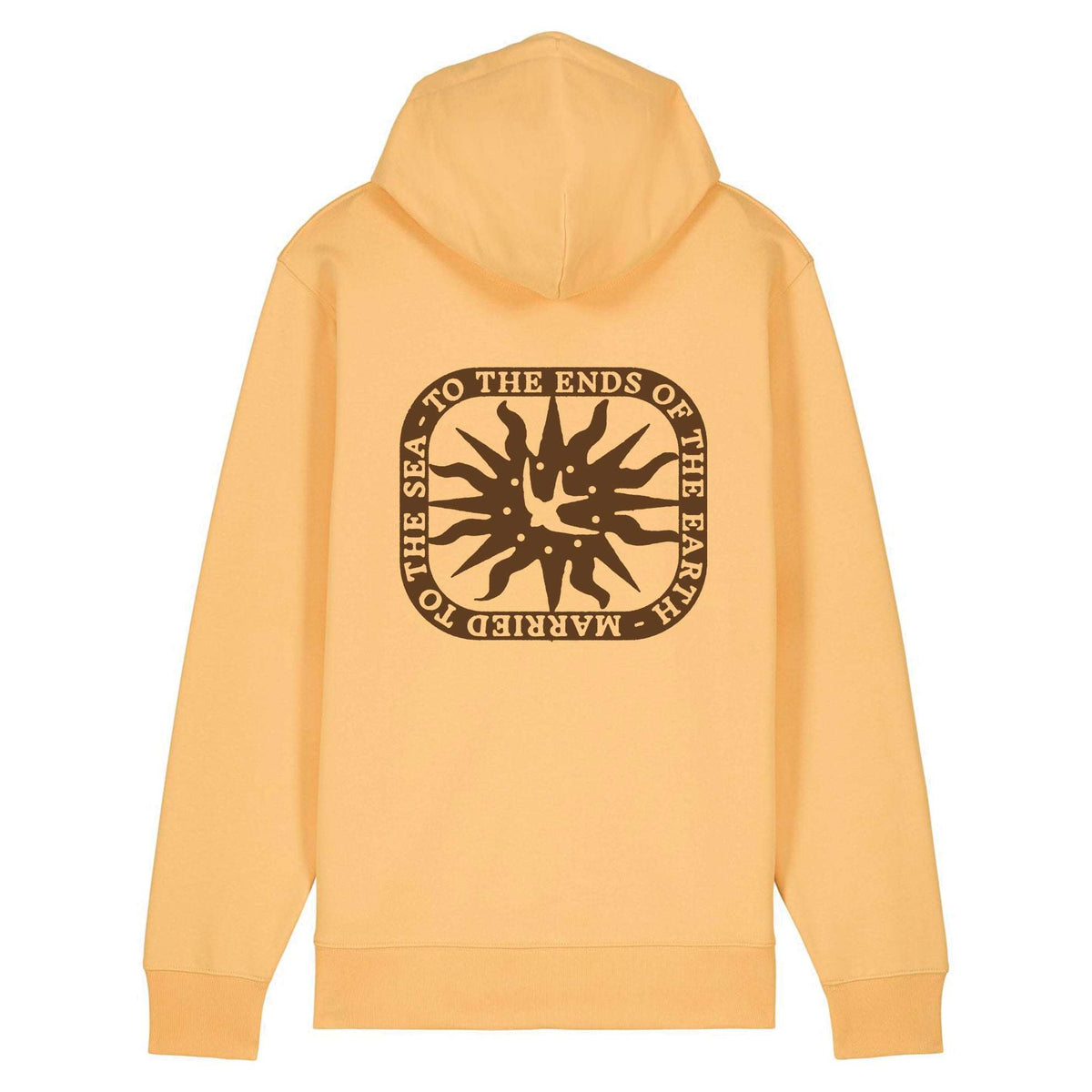 Zip-up hoodie, peach knit, hood with drawstrings, large circular back logo graphic