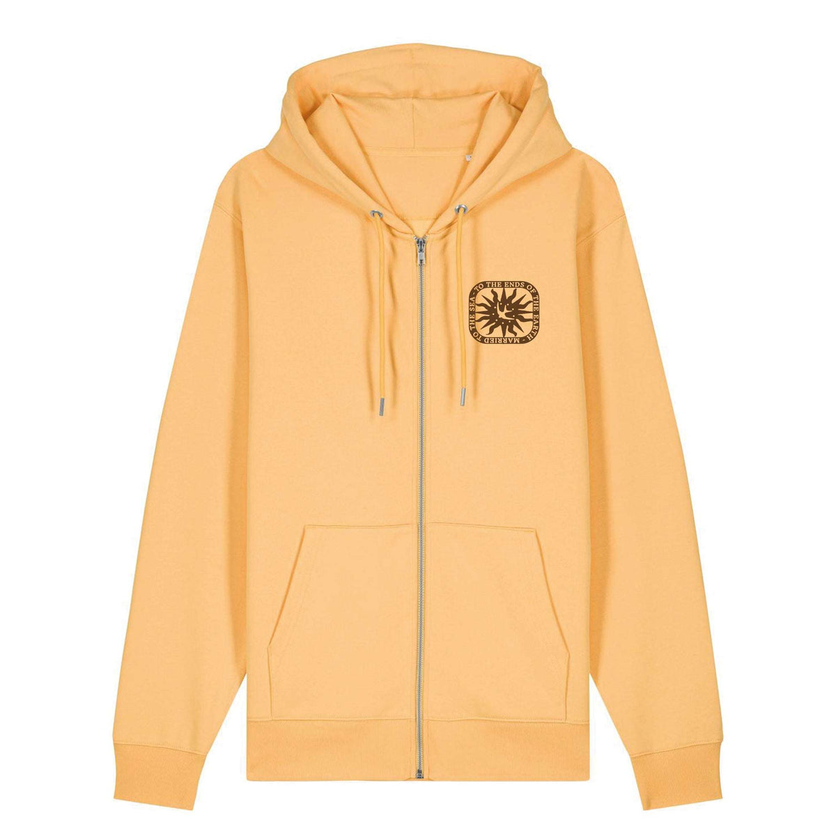 Zip-up hoodie, peach knit, adjustable hood, front zip and kangaroo pocket, chest logo patch