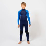 Kids blue 3/2mm full wetsuit with long sleeves, high neck, and dark navy panels