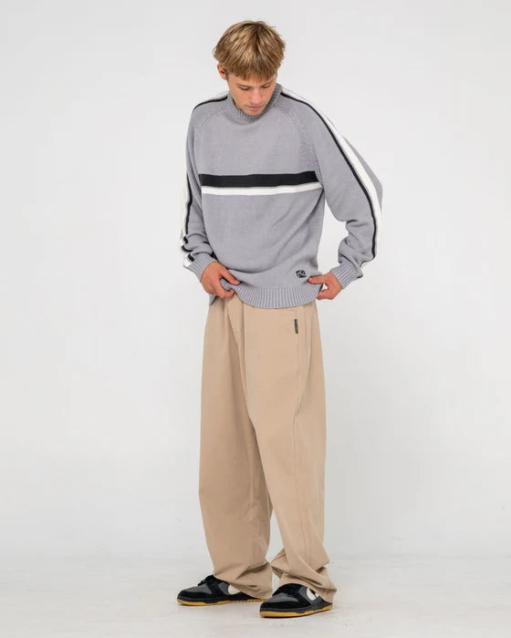 Rusty - White Lines Knitted Crew | Stone Grey