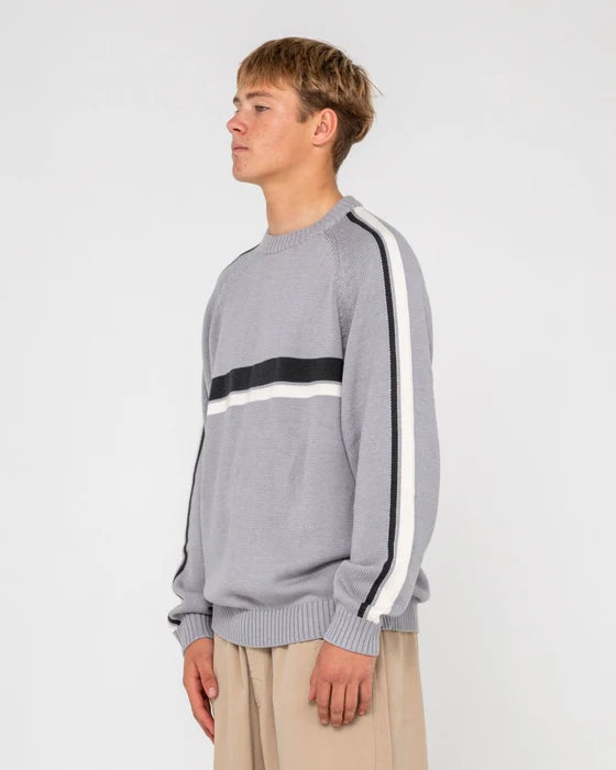 Rusty - White Lines Knitted Crew | Stone Grey