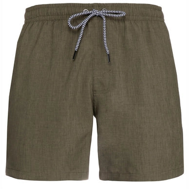 Men's dark green shorts with braided drawstring, elastic waistband, and side pockets