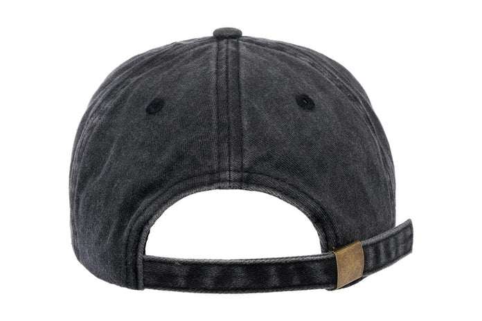 Dark gray baseball cap with adjustable leather-look strap, rear view