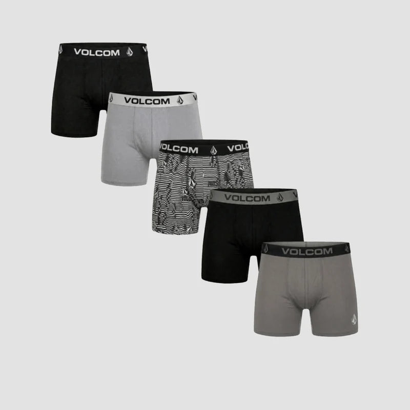 Five Volcom performance boxer briefs, multi mix colors: black, gray, patterned