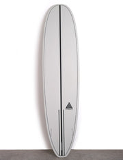 White surfboard with vertical black stripe and small Prism logo on the deck