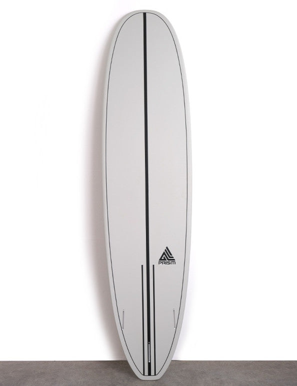 White surfboard with vertical black stripe and small Prism logo on the deck