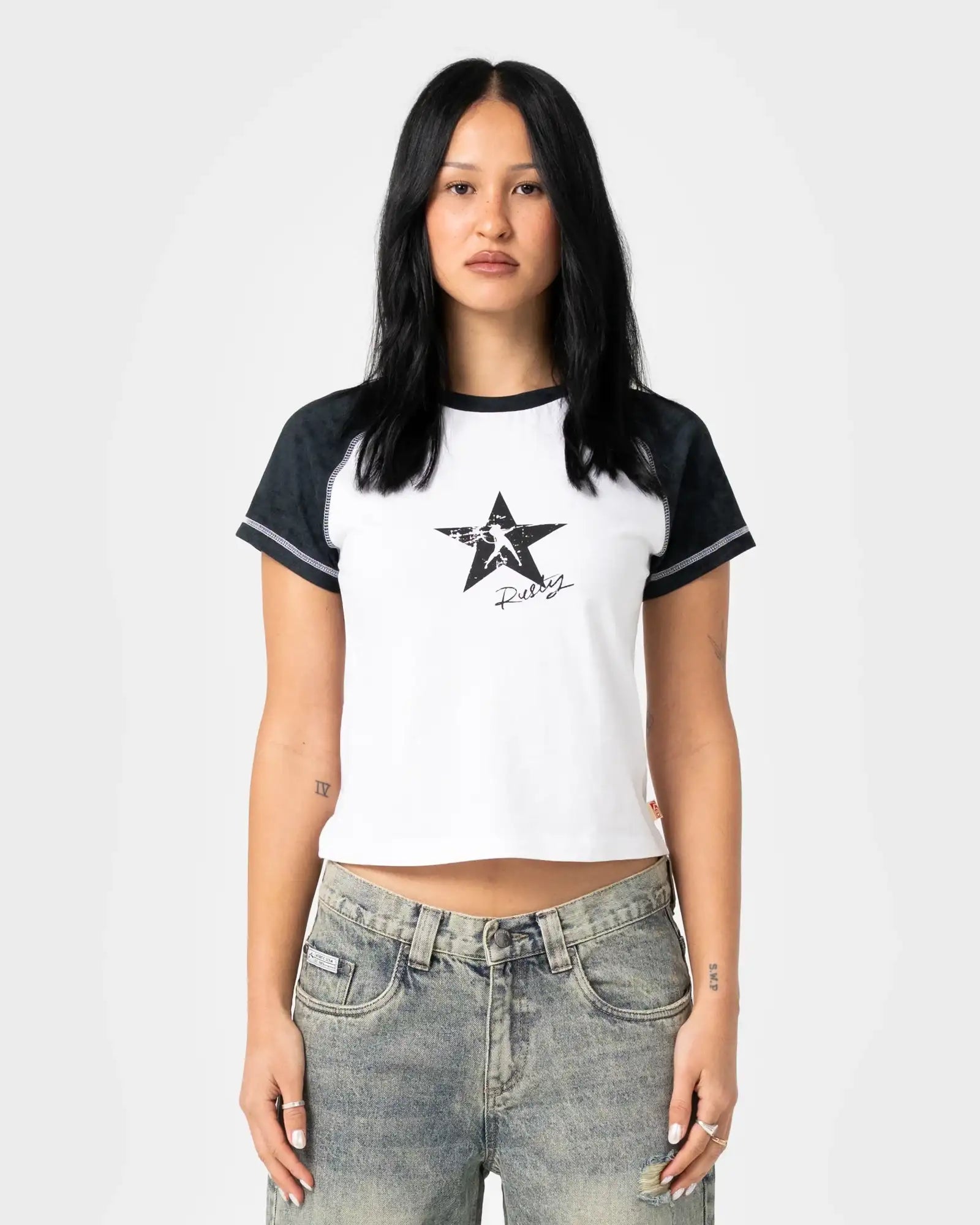 Rusty - Started Devil Raglan Baby Tee | White/Washed Black