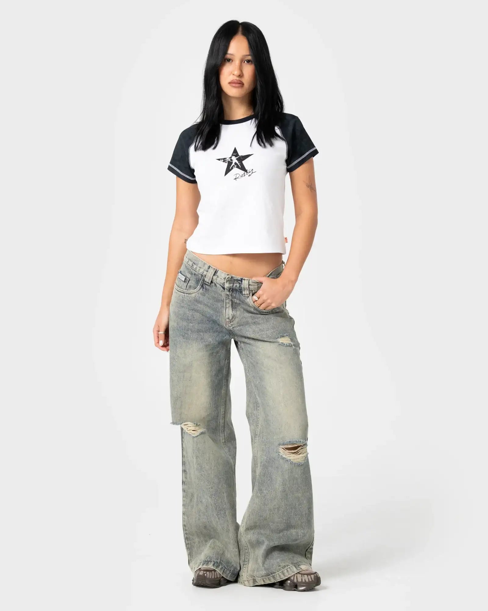 Rusty - Started Devil Raglan Baby Tee | White/Washed Black