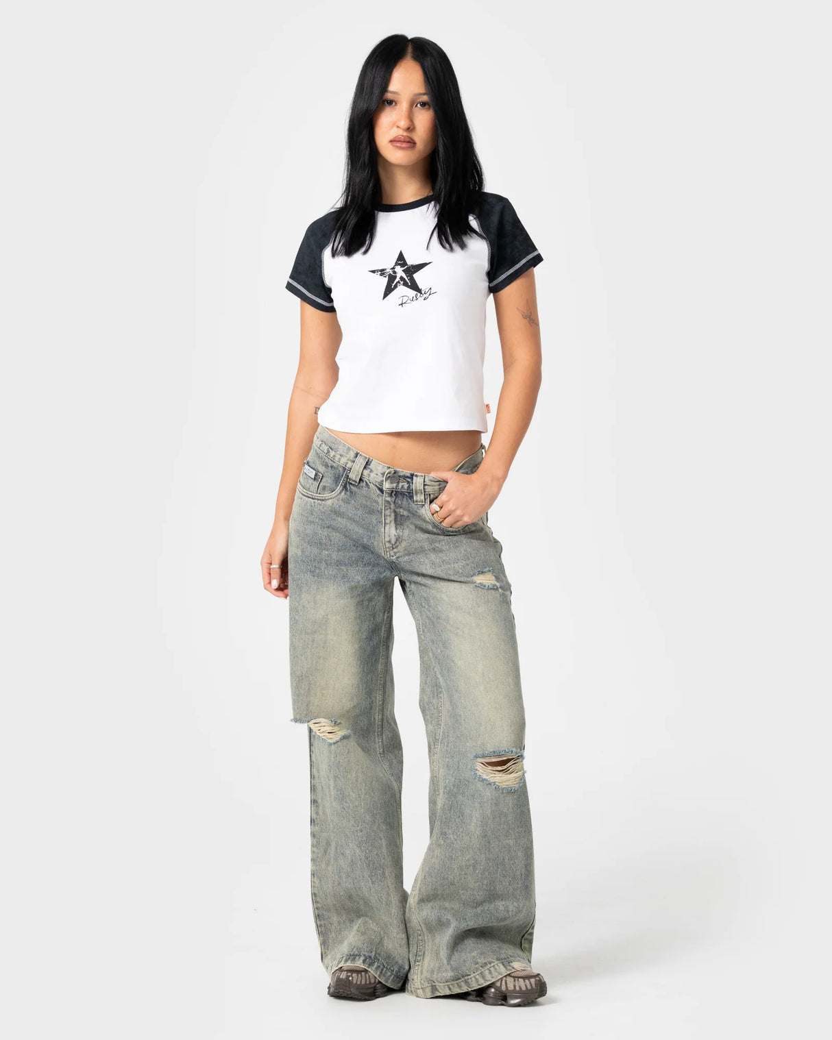 Rusty - Started Devil Raglan Baby Tee | White/Washed Black