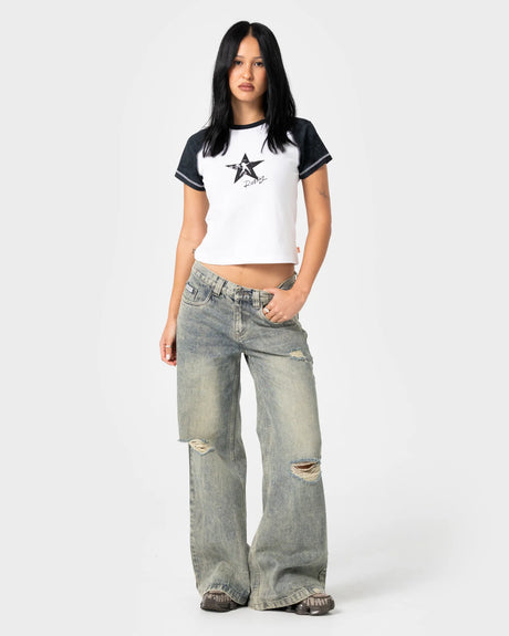 Rusty - Started Devil Raglan Baby Tee | White/Washed Black