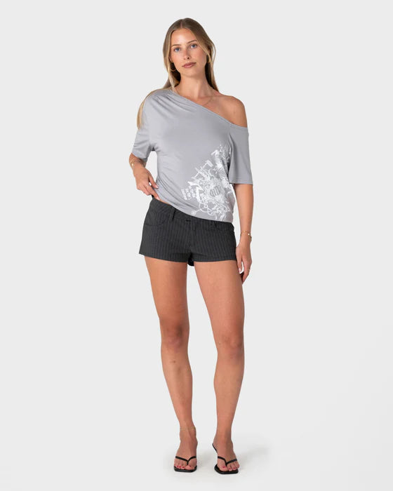 Rusty- Sally Slouch Off Shoulder Tee | Grey/ White