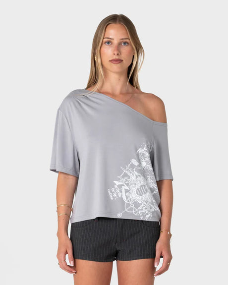 Rusty- Sally Slouch Off Shoulder Tee | Grey/ White
