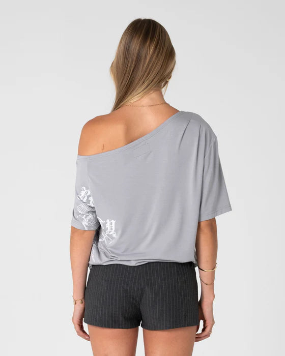 Rusty- Sally Slouch Off Shoulder Tee | Grey/ White