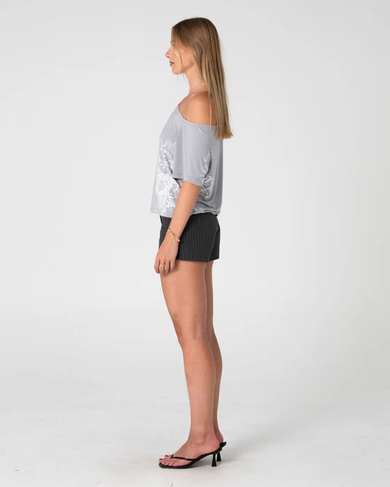 Rusty- Sally Slouch Off Shoulder Tee | Grey/ White