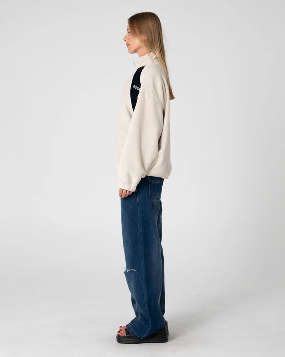 Rusty - Two Tides Zip Through Sherpa Fleece | Egret/ Navy Blue