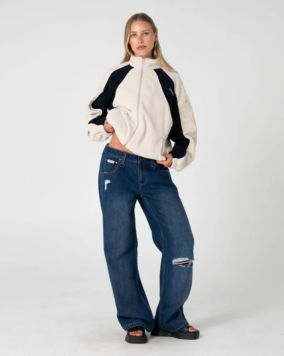 Rusty - Two Tides Zip Through Sherpa Fleece | Egret/ Navy Blue