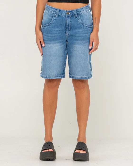 Rusty Flip Mommy Low Rise Wide Leg Denim Jort | Blasted Middy Blue/Blue