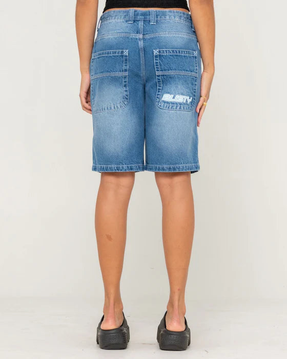 Rusty Flip Mommy Low Rise Wide Leg Denim Jort | Blasted Middy Blue/Blue